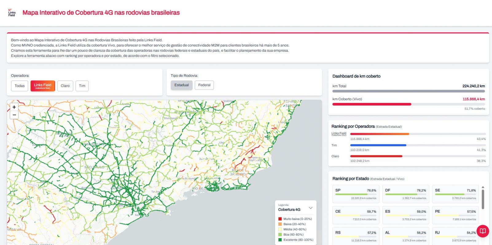 Links Field anuncia mapa interativo de cobertura 4G para setor de logística e transporte no Brasil