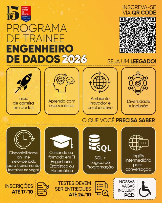 Leega abre inscrições para Programa de Trainee 2026 na área de engenharia de Dados